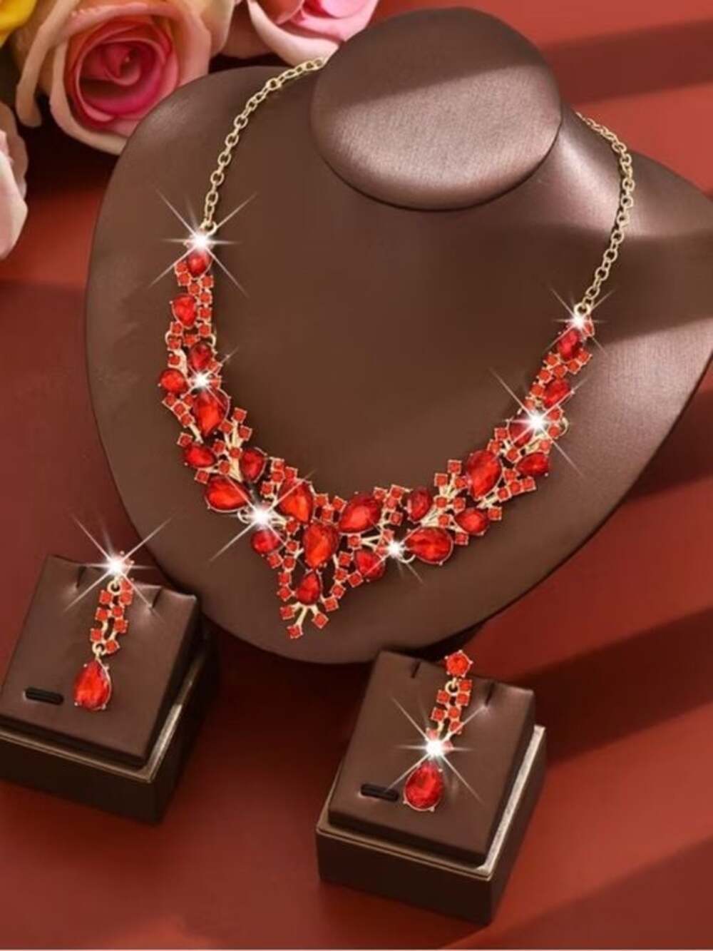 Gold-Tone Red Crystal Statement Necklace with Matching Earrings - Picture 2 of 4